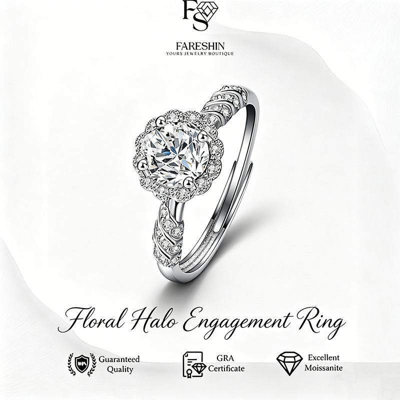 Fareshin_Moissanite Cincin Wanita Original Sertifikat GRA Silver925_Floral Halo Ring