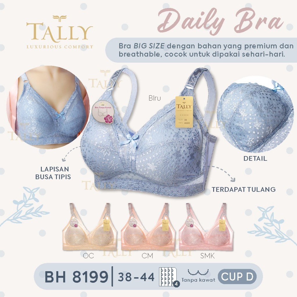 Big Size Bra TALLY 8199 Size 38-44 Cup D / BH Jumbo Tanpa Kawat Bahan Brokat Ukuran 38-44 Cup D