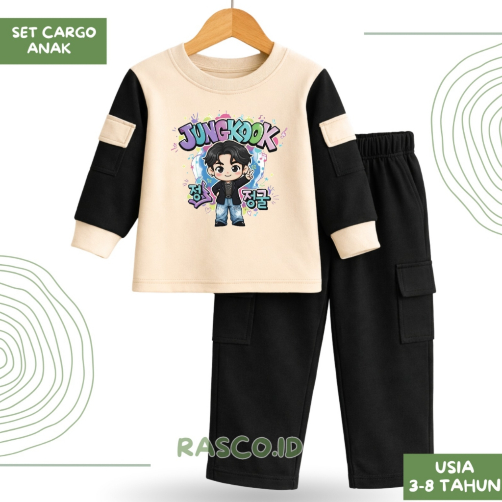 Setelan cargo anak perempuan kpop jungkook Baju Bts anak untuk usia 3-8 tshun