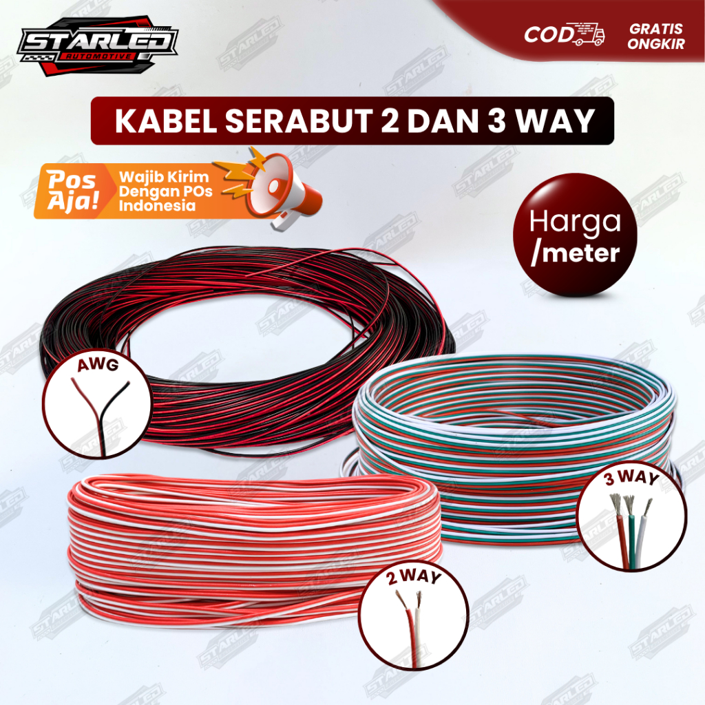 kabel serabut 2 way, 3 way, awg, & isolasi bakar untuk instalasi lampu LED harga per meter