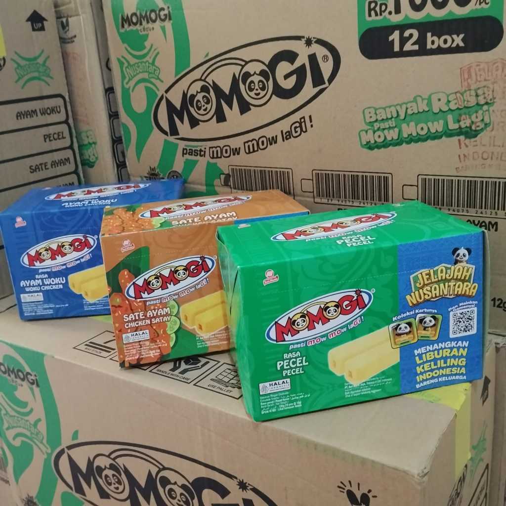 Momogi Stick [ 1 dus / 1 Karton @ 12 Box ]  varian rasa Ayam Woku, Sate Ayam, Pecel Lele 12gr