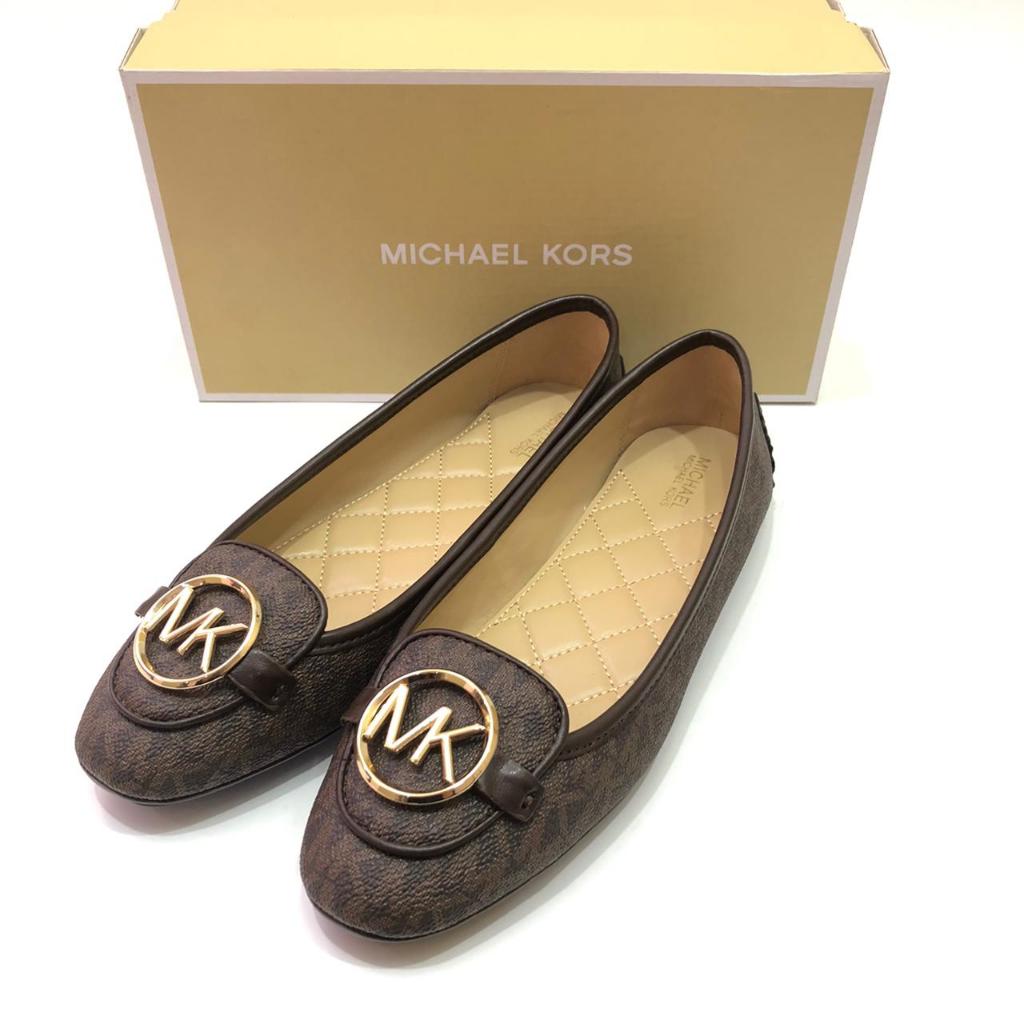 MICHAEL KORS Lillie Flat Shoes in Signature Brown with Gold Logo Limited Edition Product