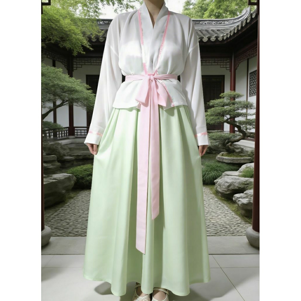 HANFU SET MODERN WITH BELT SIFON PUTIH HIJAU ROK PLISKET OUTER CHINESE ANCIENT STYLE ORI CHINA