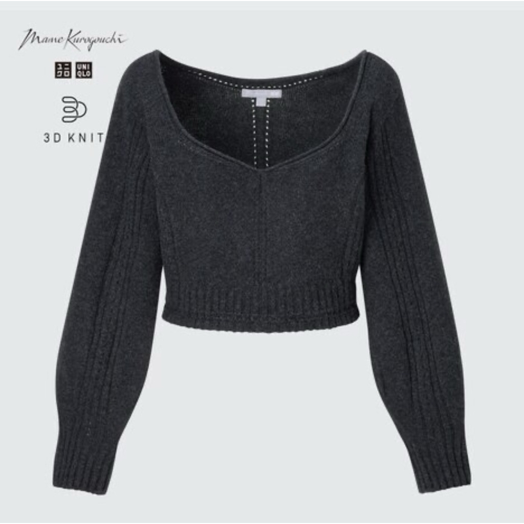 3D knit sabrina crop lengan balon dark grey katbol branded by uniqlo X mame kurogouchi