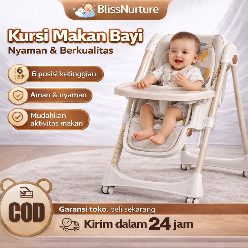 Kursi Makan Bayi Lipat Bisa Tidur Datar, Kursi Bayi Multifungsi dengan Roda, Kursi Makan Anak Adjust