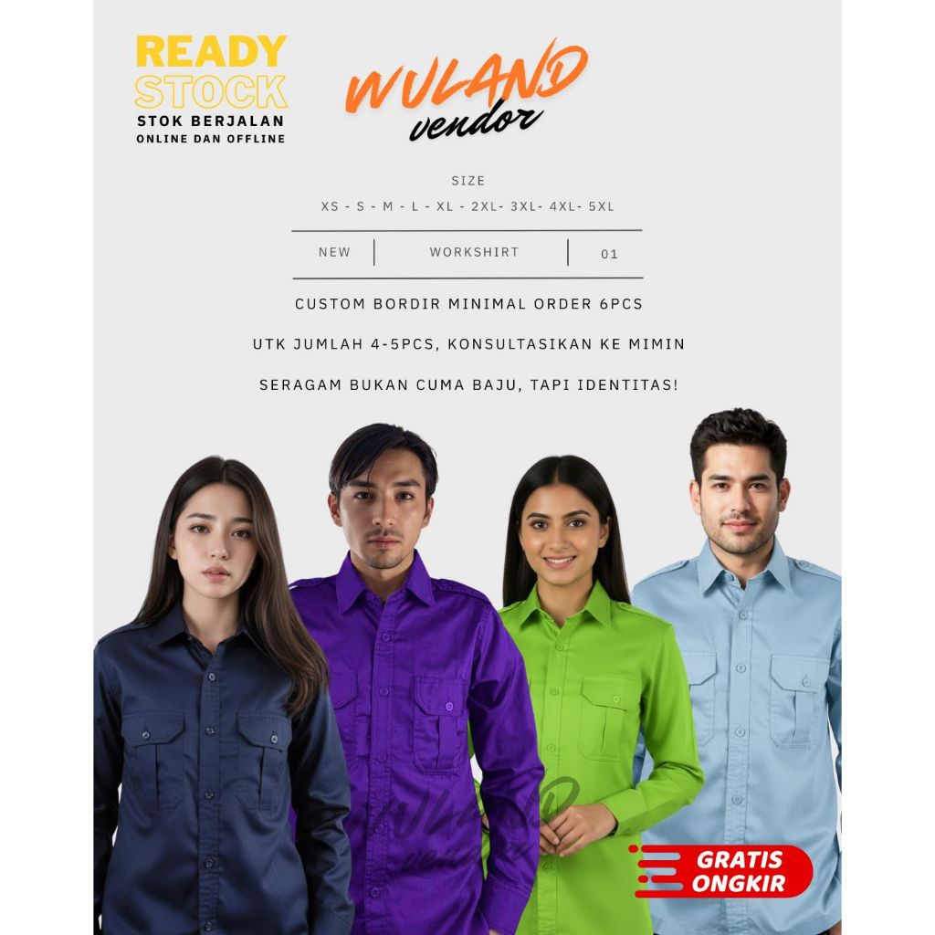 Kemeja Seragam Pria Wanita Warna Biru Dongker/ navy, Ungu Tua, Hijau Pucuk, Biru Muda untuk Komunita