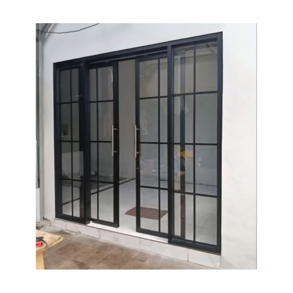 pintu aluminium sleding lebar 220 x tinggi 210 2 daun+kaca mati 2 daun ornamen full kaca 5mm