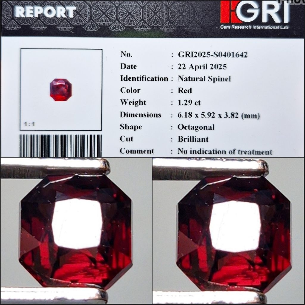 Natural Vivid Red Spinel 1.29 crt NoTreatment NTE NH Hot Item Memo GRI Lab ready Zamrud Sapphire Eme