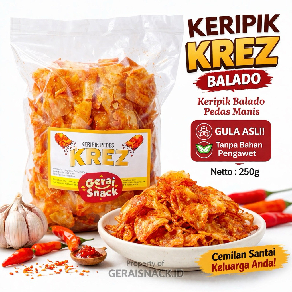 Keripik Singkong Balado Krez Keripik Pedas Manis Tanpa Bahan Pengawet 250g