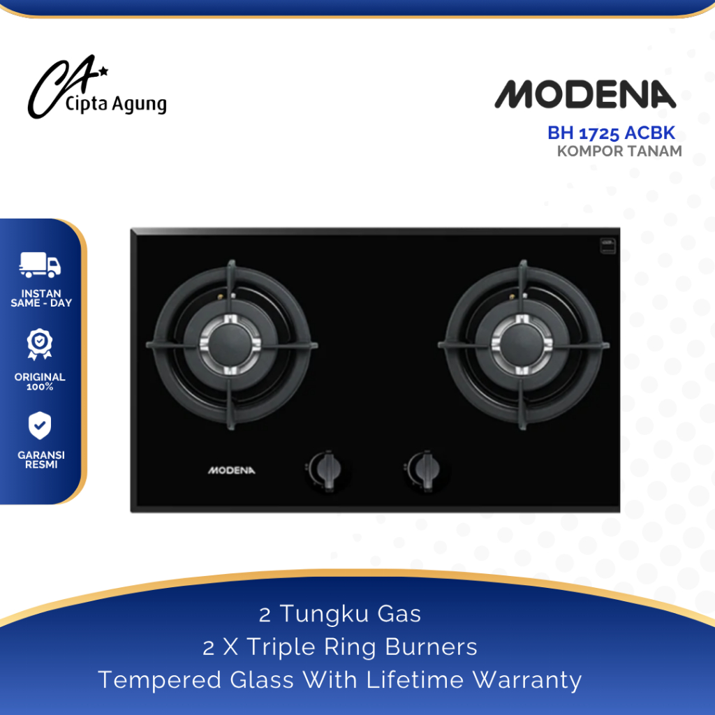 MODENA KOMPOR TANAM GAS 2 TUNGKU KACA BH 1725 ACBK BH1725 ACBK BH1725ACBK BH-1725 ACBK TEMPERRED GLA