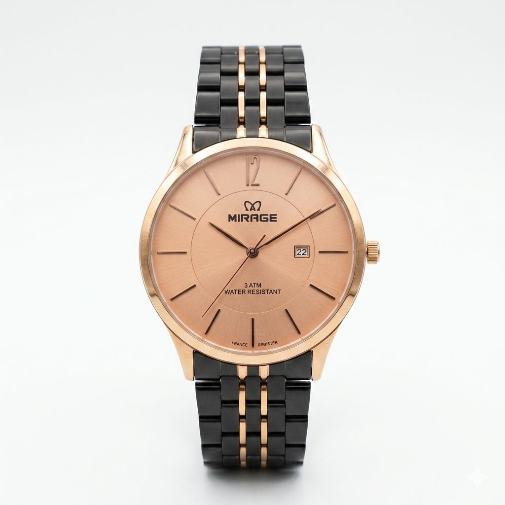 Jam Tangan Mirage 8647 Rantai Hitam Kombinasi Rosegold Cowok
