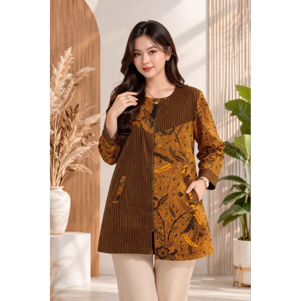 TUNIK BATIK PREMIUM I TUNIK BAHAN KATUN KOMBINASI LURIK LAPIS TRIKOT I ATASAN BATIK WANITA WARNA SOG