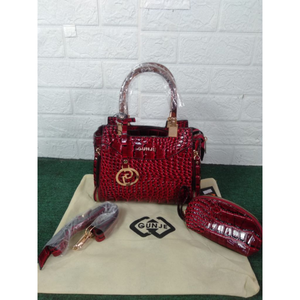 Tas Wanita Gunje Model Kelly Sellier Crocodile dengan Bahan Croco Glossy
