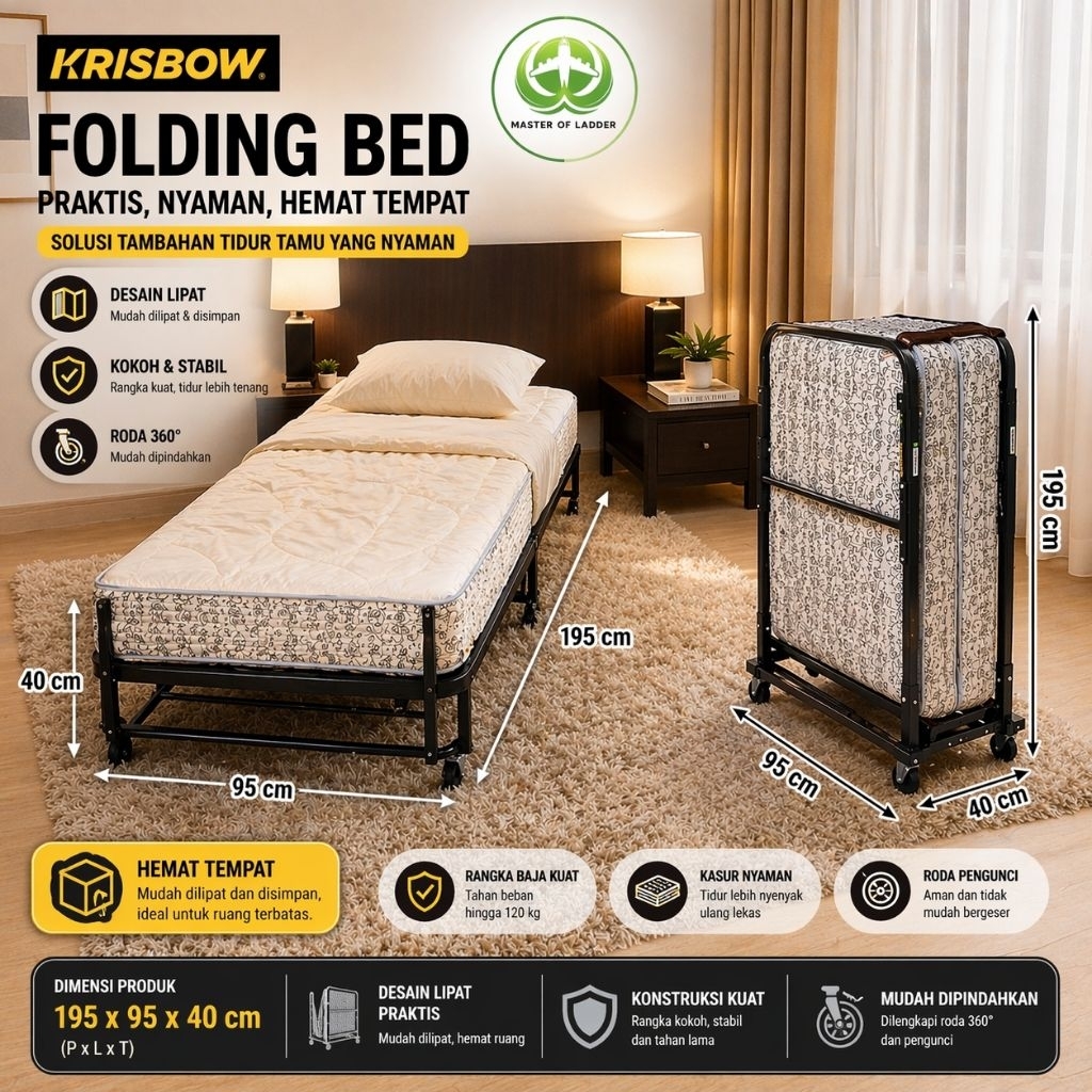 Krisbow Kasur Lipat Dengan Roda 193 x 95x 40 cm/Folding Bed /Bed Maid