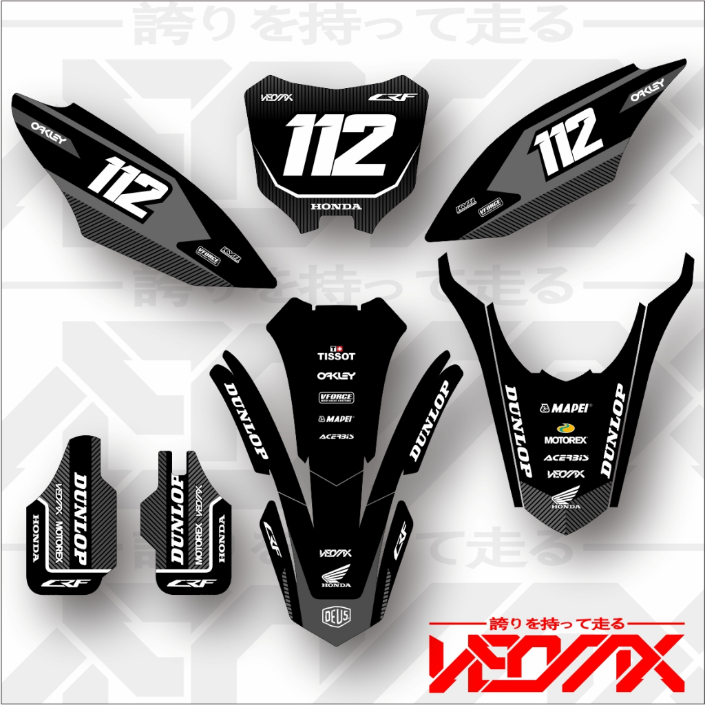 DECAL PAPAN NOMOR SPAKBOR DEPAN CRF 450 DAN BODY BELAKANG SPAKBOR BELAKANG COVER CHOCK CRF 150L GRAT