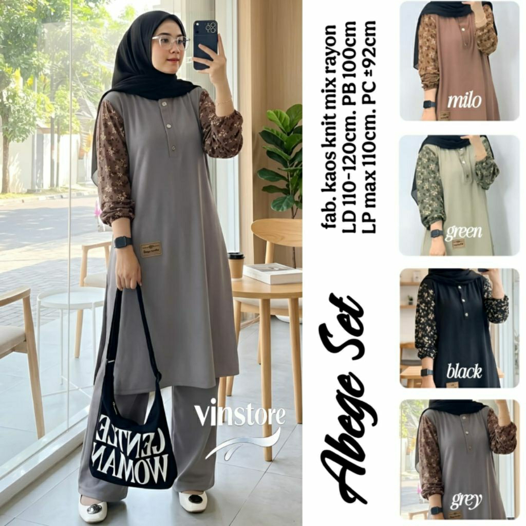 ABEGE SETCEL TUNIK ELEGAN ORI BY VINSTORE/SETELAN LONG TUNIC MAT RAJUT IMPORT LD 120 CM FIT XXL