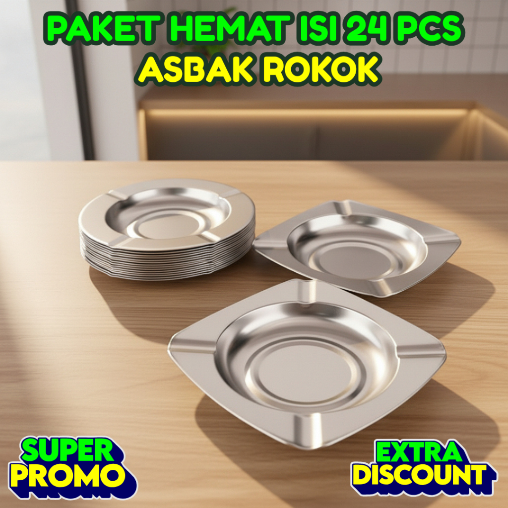 GROSIR PAKET HEMAT isi 24 Asbak Rokok Bulat Segi Stainless Puntung Rokok
