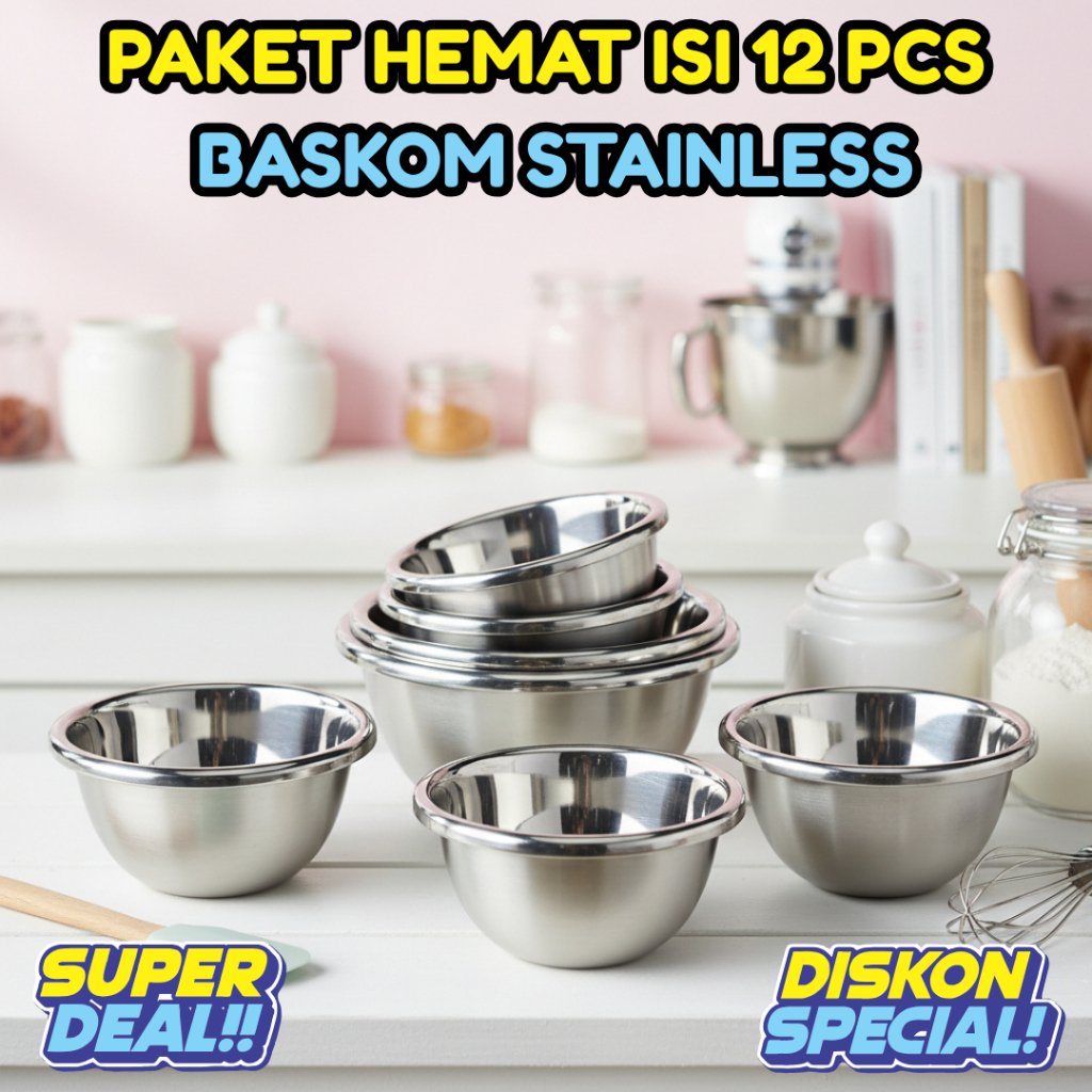 Grosir Paket Hemat isi 12 Bowl Baskom Mangkok Mangkuk Stainless Steel Tebal Anti Panas Wadah Premium