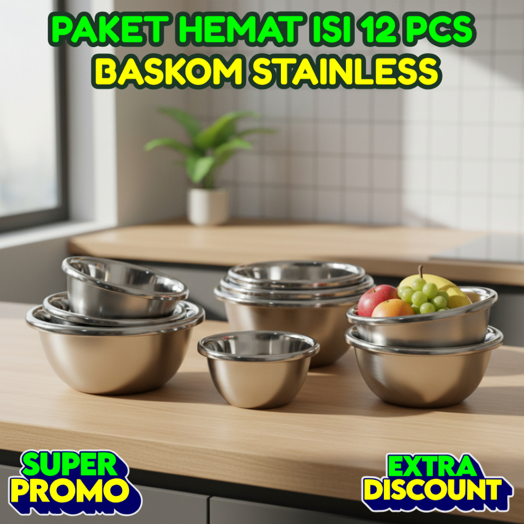 Grosir Paket Hemat isi 12 Bowl Baskom Mangkok Mangkuk Stainless Steel Tebal Anti Panas Wadah Premium