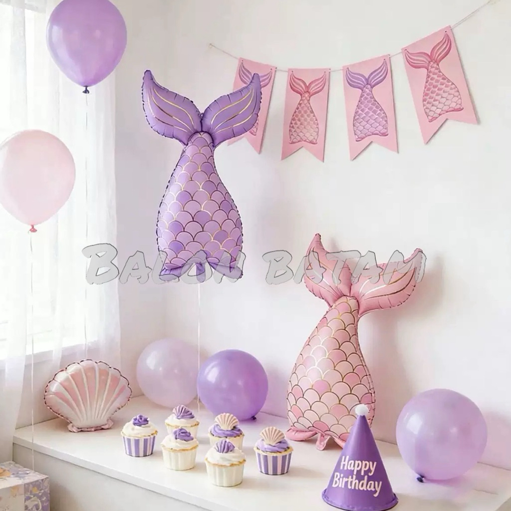 Balon Foil Ekor Mermaid Ungu Pink Kerang Ungu Pink