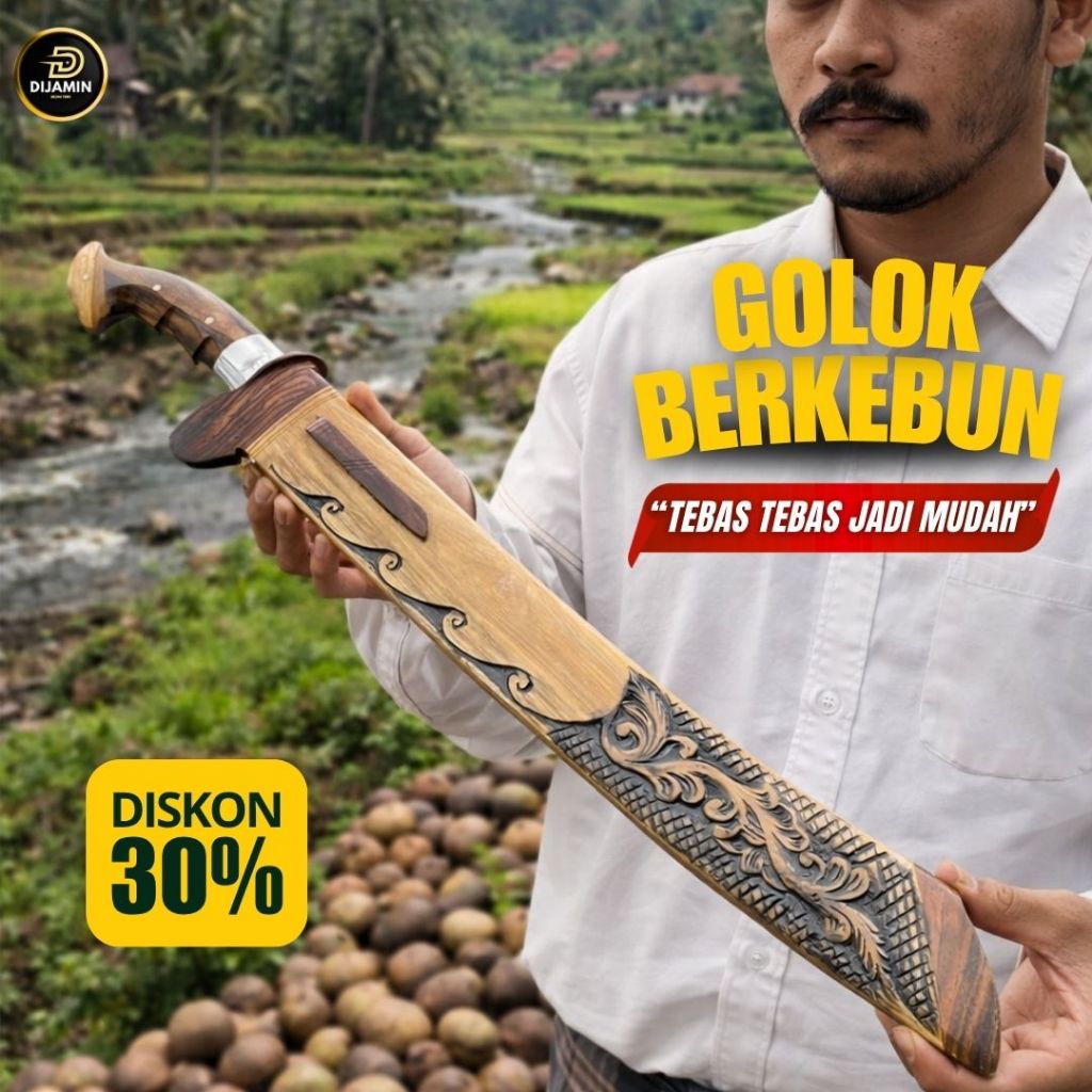 Golok Kebun Mandau Jati Ukir Panjang 40cm Peralatan Berkebun Bahan Baja PER Asli
