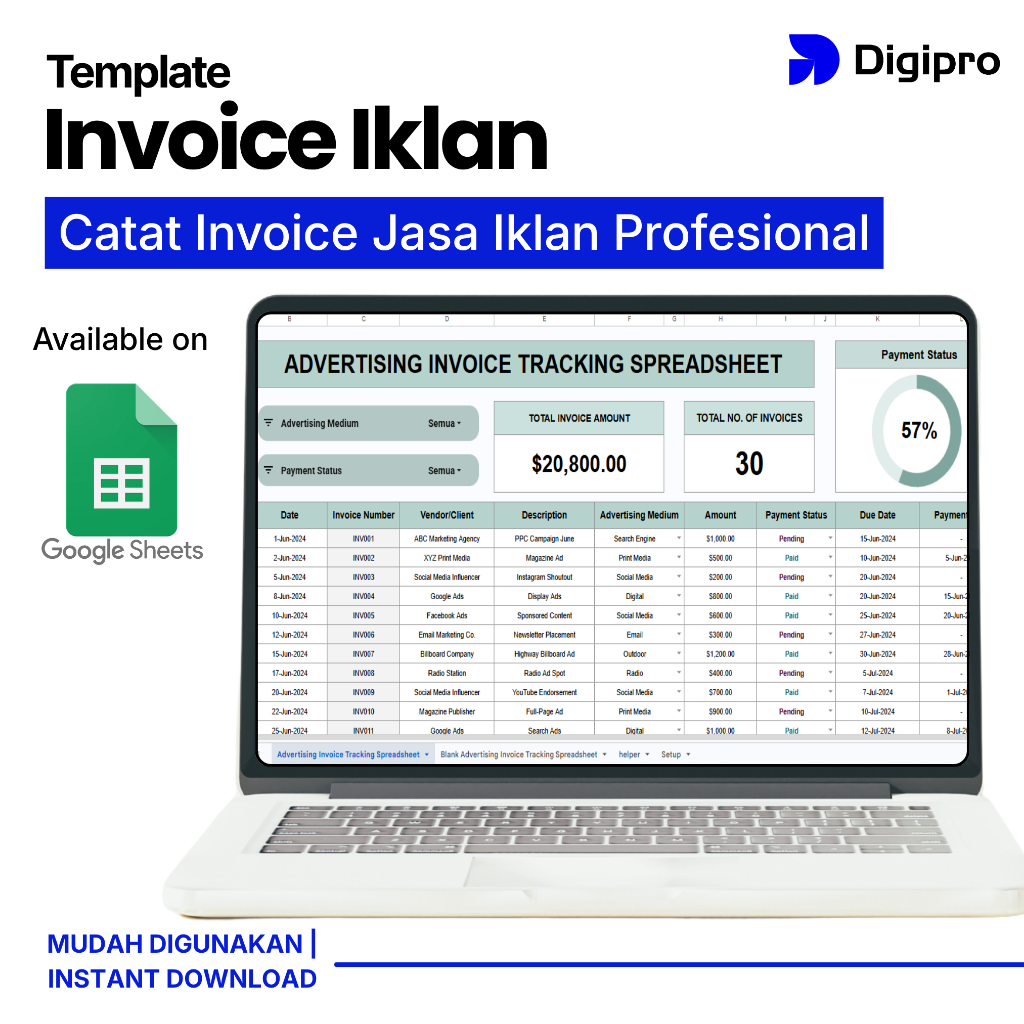 Template Invoice Iklan Google Sheets | Faktur Jasa Iklan Profesional Editable Siap Pakai