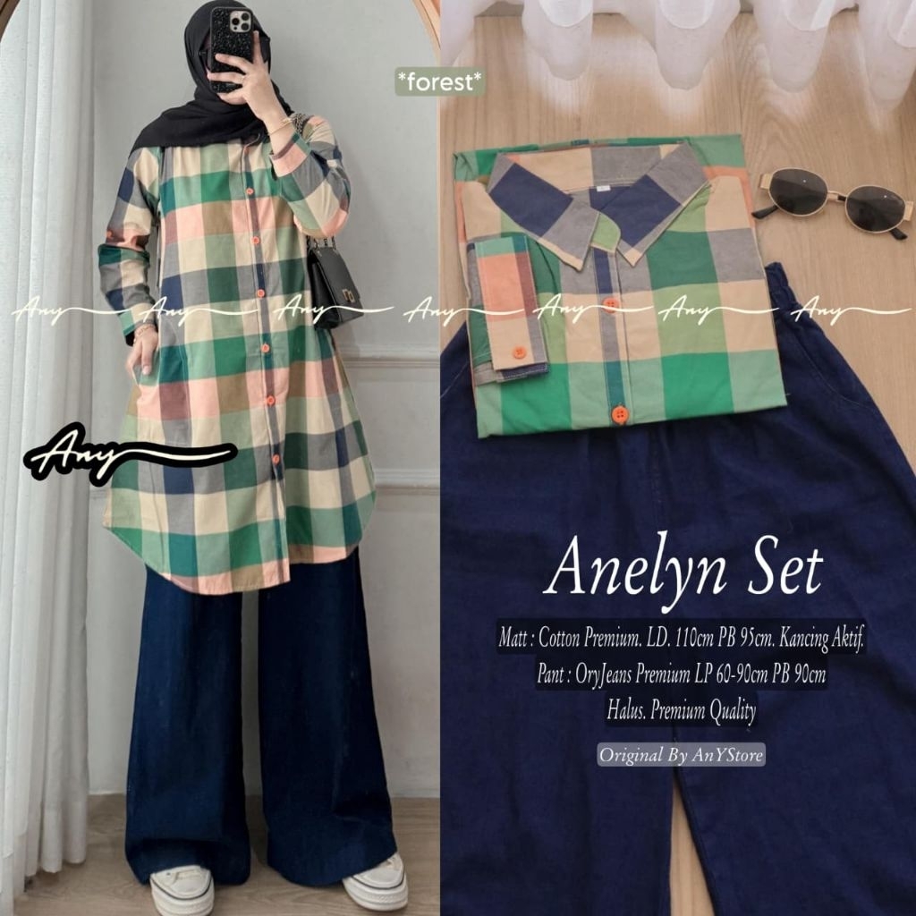Anelyn Set Tunik Katun Kotak Mix Kulot Jeans (Any)
