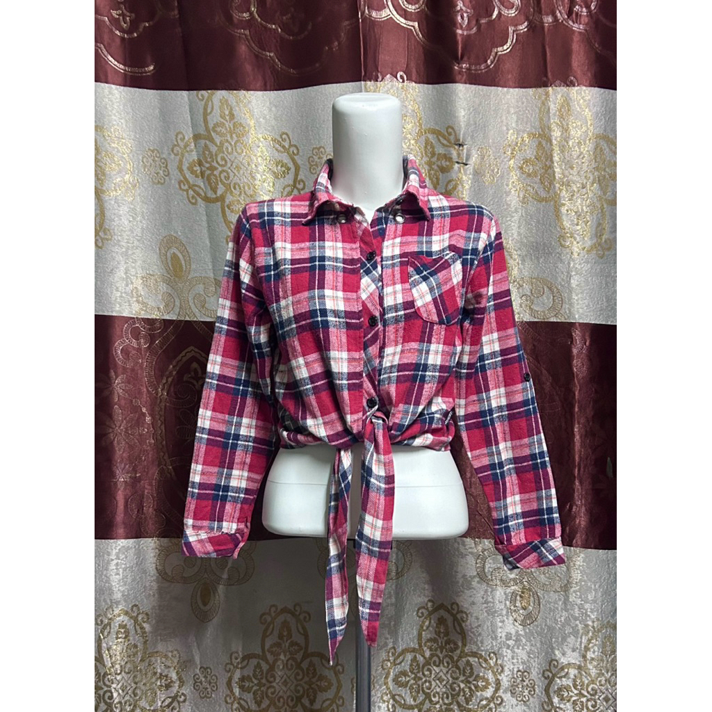 baju wanita kemeja flanel crop bertali / atasan outer berkancing outfit stylish kekinian