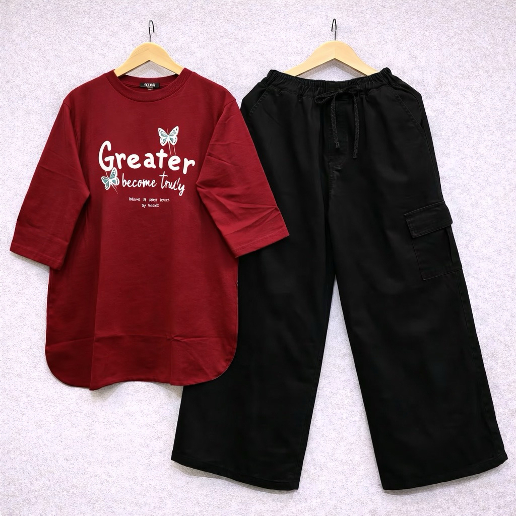 Setelan Jeans Kulot Wanita, Atasan Combed 20s, Celana Jeans Kulot Cargo, Oneset Jeans Wanita Terpopu