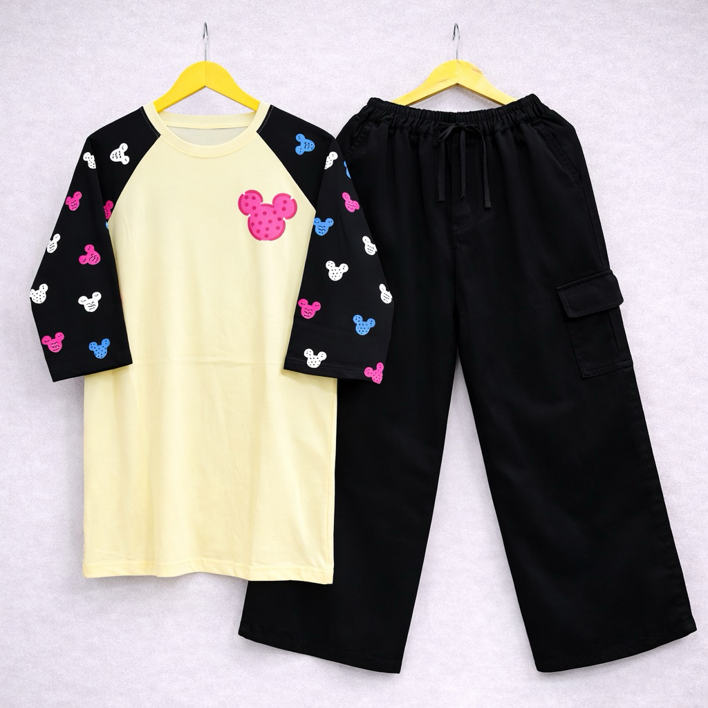 Setelan Kulot Jeans Cargo Wanita Dewasa, Atasan Combed 20s, Celana Kulot Jeans Cargo, Setelan Wanita