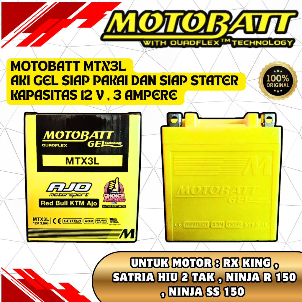 Aki Motobatt MTX3L ORIGINAL AKI KERING GEL MOTOR RX KING NINJA 150 R NINJA SS SATRIA HIU