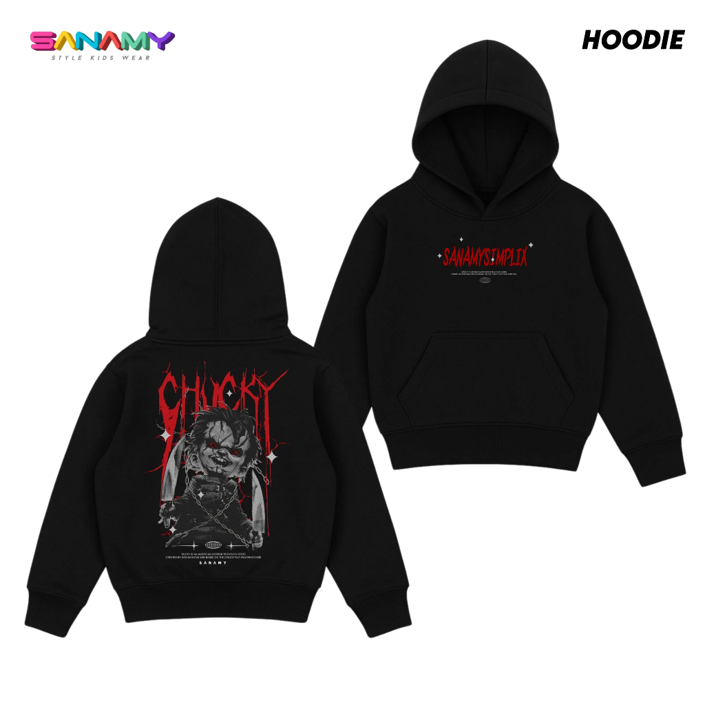 SANAMY Hoodie Anak Laki Laki Chucky Hitam Usia 7-12 Tahun Distro Fleece GSM 240