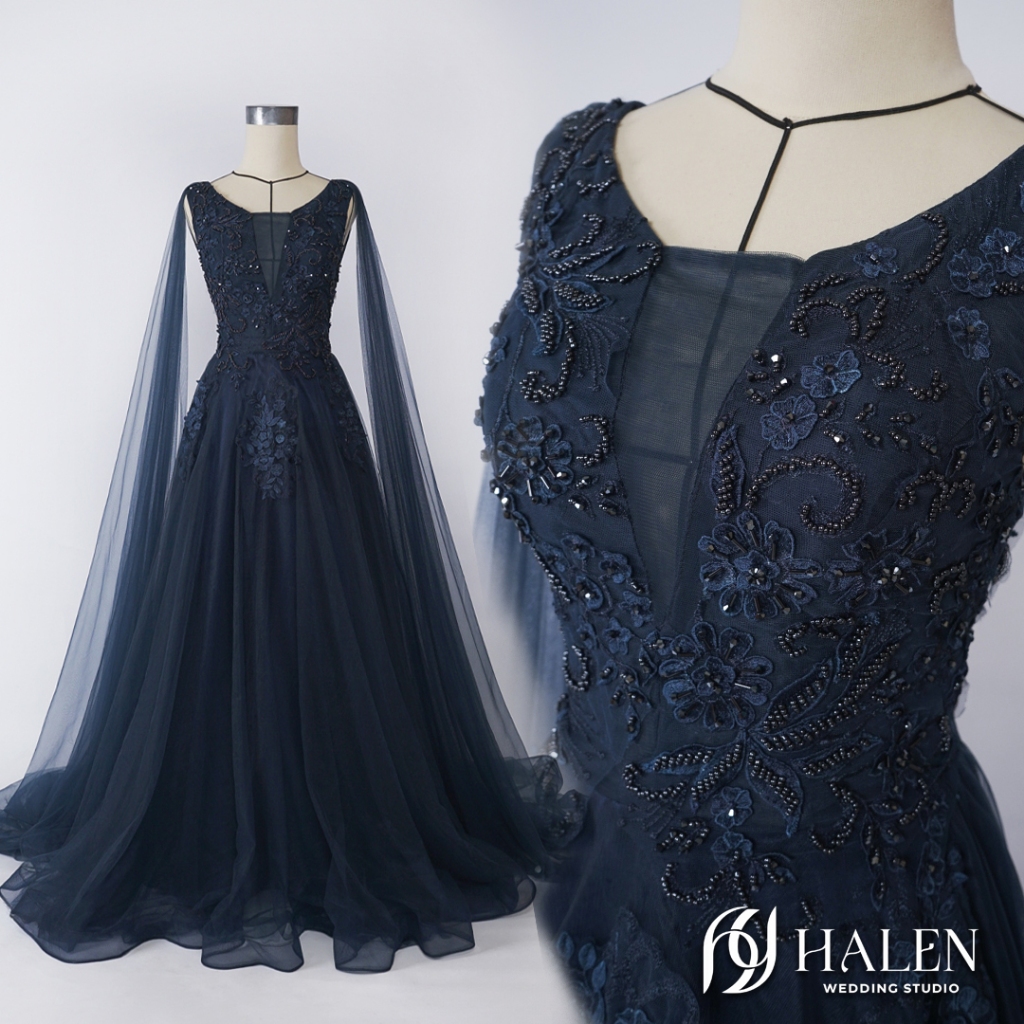 [FOR RENT] Gaun Pesta Biru Navy Mewah Cape Sleeves Panjang - Navy Blue Cape Sleeves Shoulders Party 