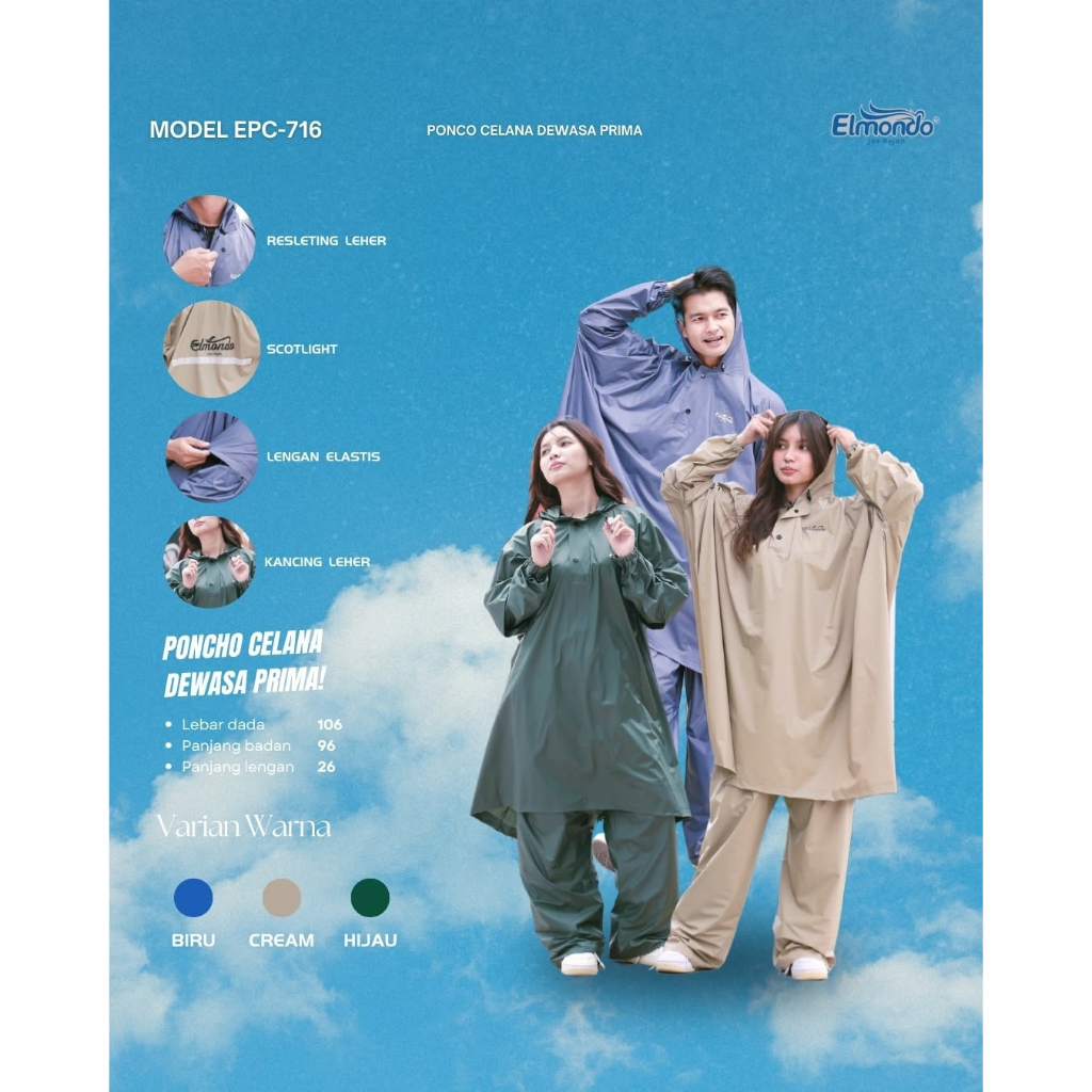 Elmondo Jas Hujan PC-716 Jas Hujan elmondo prima  Setelan Ponco / Poncho Lengan + Celana Dewasa PRIM