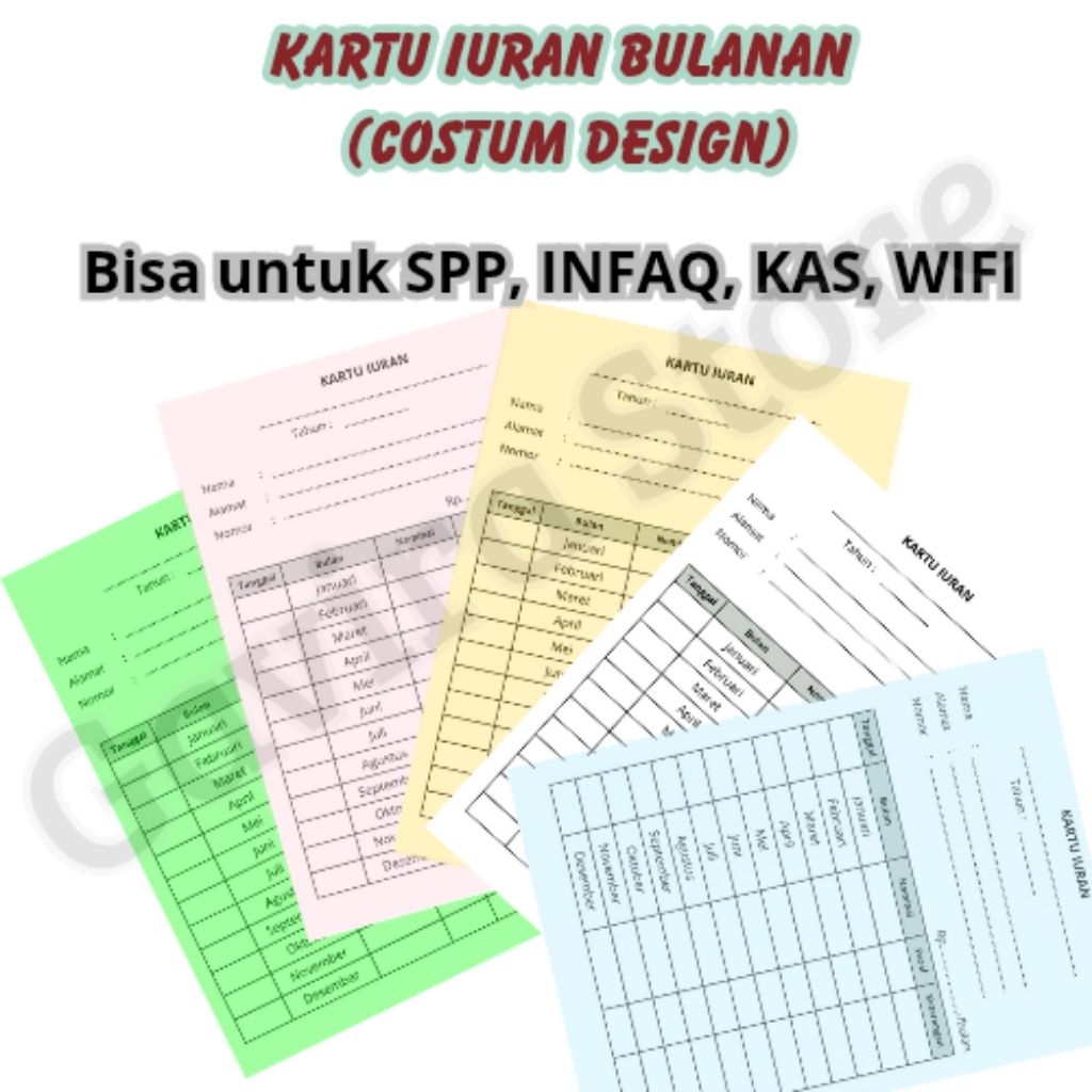 Kartu iuran bulanan custom 10x15 | Kartu Kas RT Arisan SPP INFAQ | 20 lembar