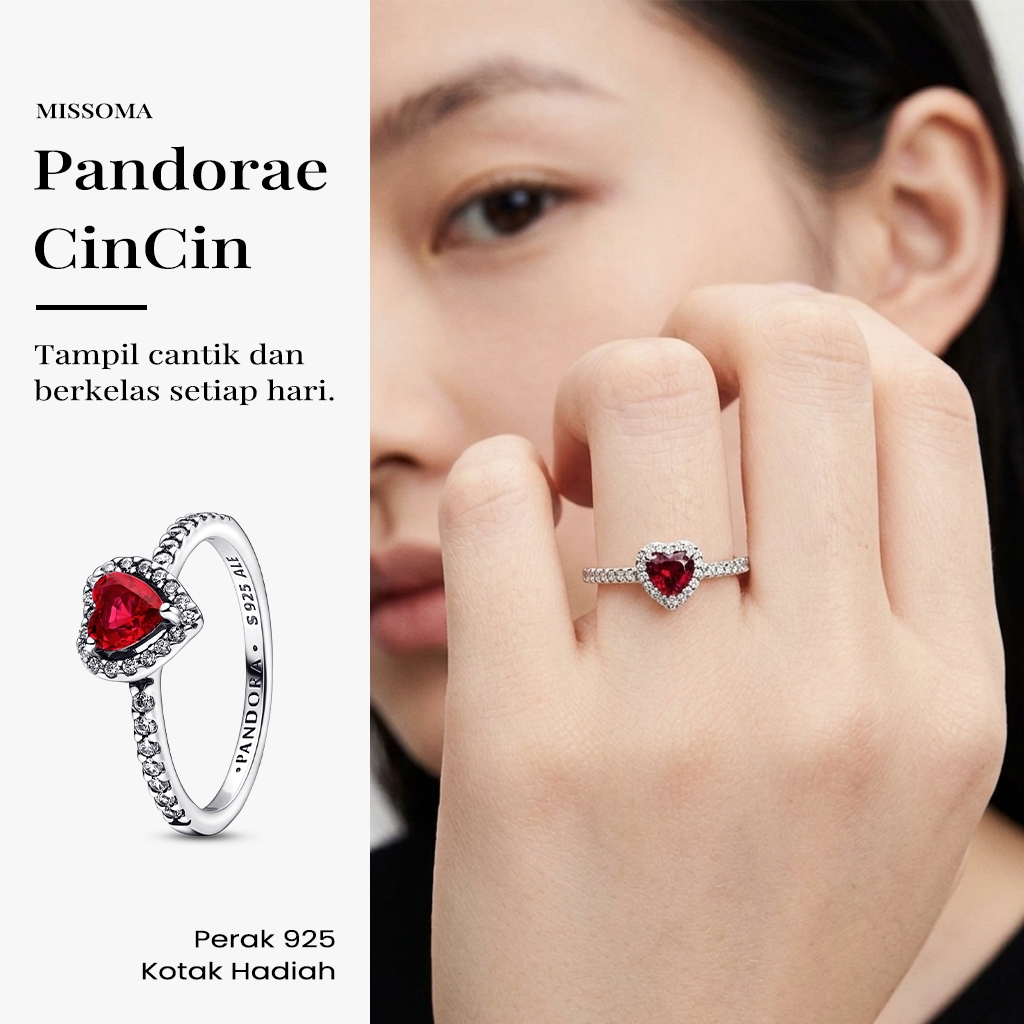 MISSOMA Pandora Cincin Pandorae Asli 925 - Elevated Red Heart Ring, Cincin Wanita Anti Karat, Gratis