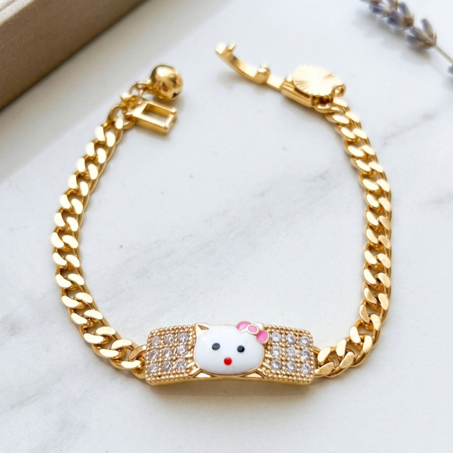 Gelang Rantai Anak Hello Kitty Putih Kilap Emas Aksesoris Fashion Perhiasan Anak