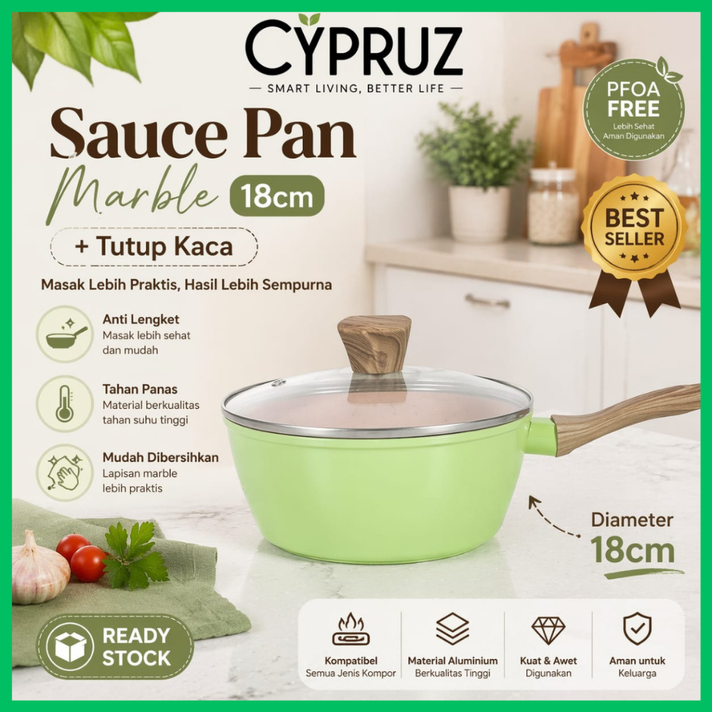 Cypruz Sauce Pan Marble 18 cm + Tutup Kaca Panci Anti Lengket Cocok Semua Kompor & Original SN-0294