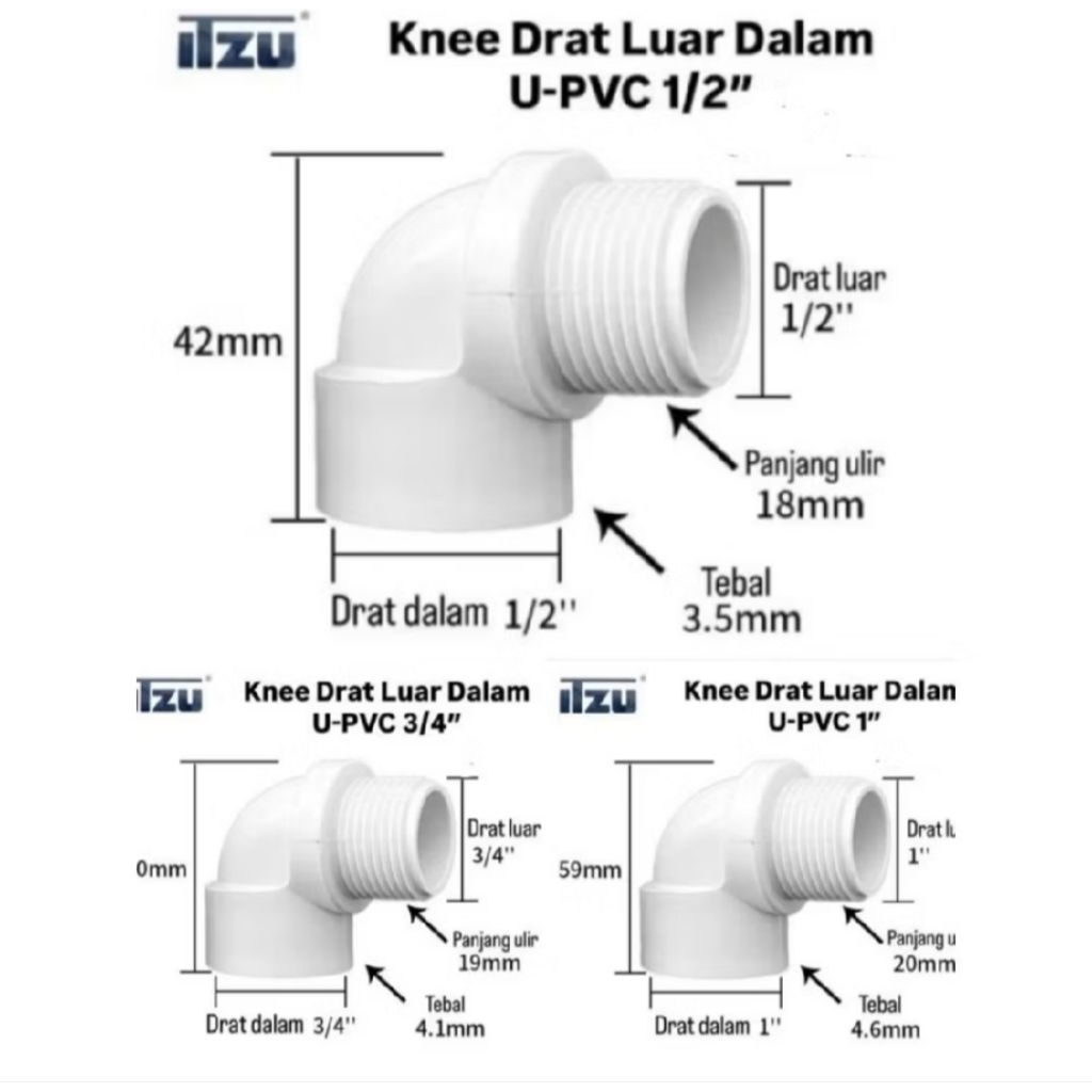 Sambungan Pipa PVC Elbow Drat Luar Dalam 1/2 3/4 1 Inch - Konektor Pipa PVC Elbow Drat Luar Dalam