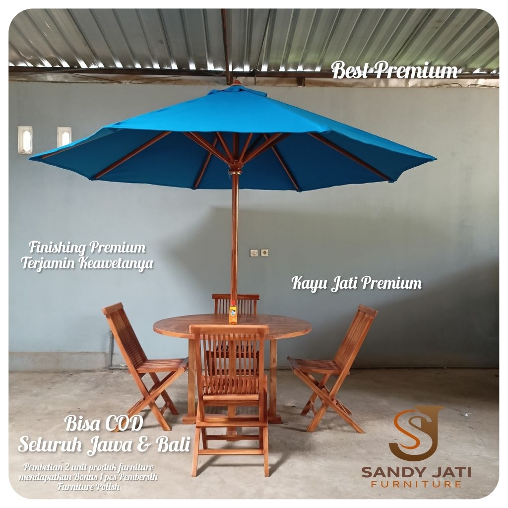 Set Meja Payung Tenda Bahan Kayu Jati Taman Outdoor