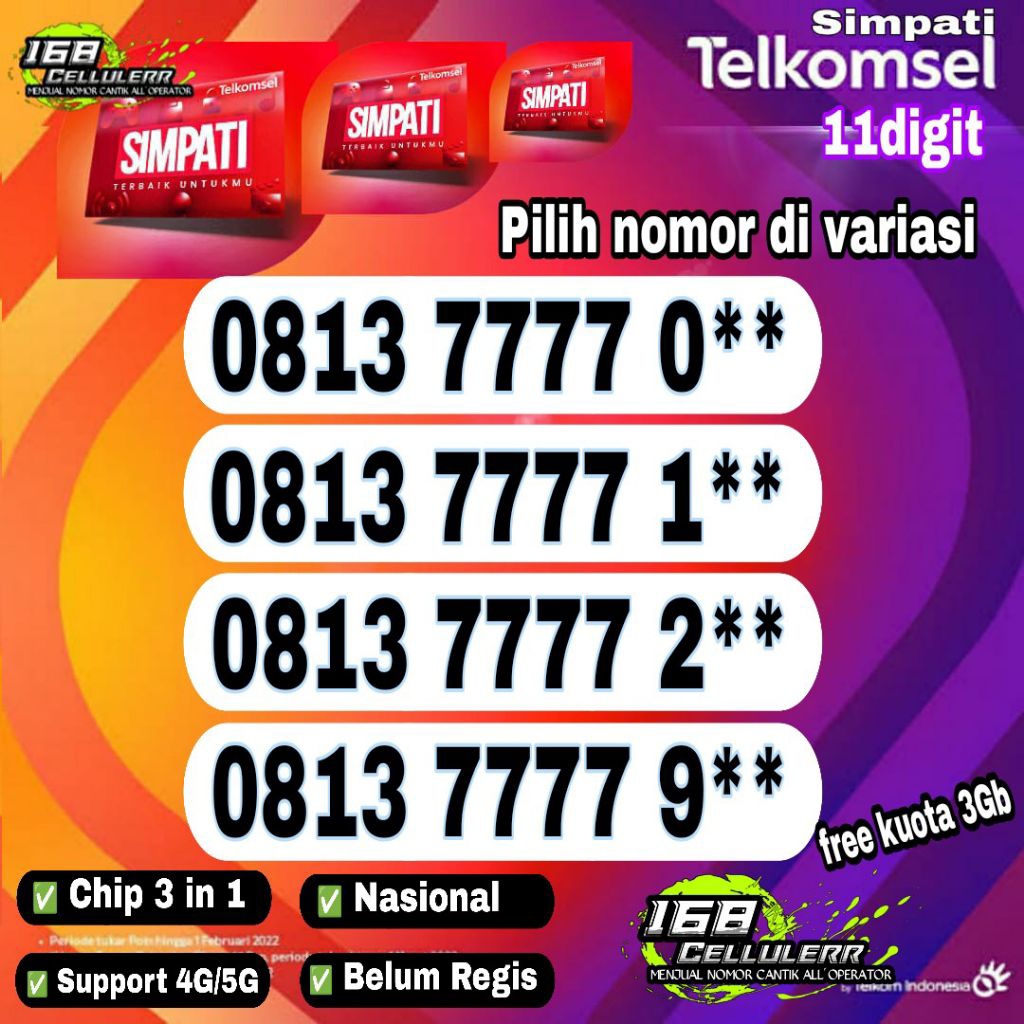kartu nomor cantik perdana nomor cantik simpati 11 digit 7777