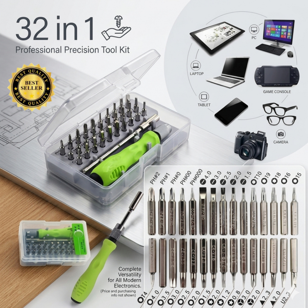 OBENG SET KOMPLIT UNTUK LAPTOP HP SERBAGUNA/Set Obeng 32 in 1 dengan 30 Mata Obeng Magnetik dan Baja