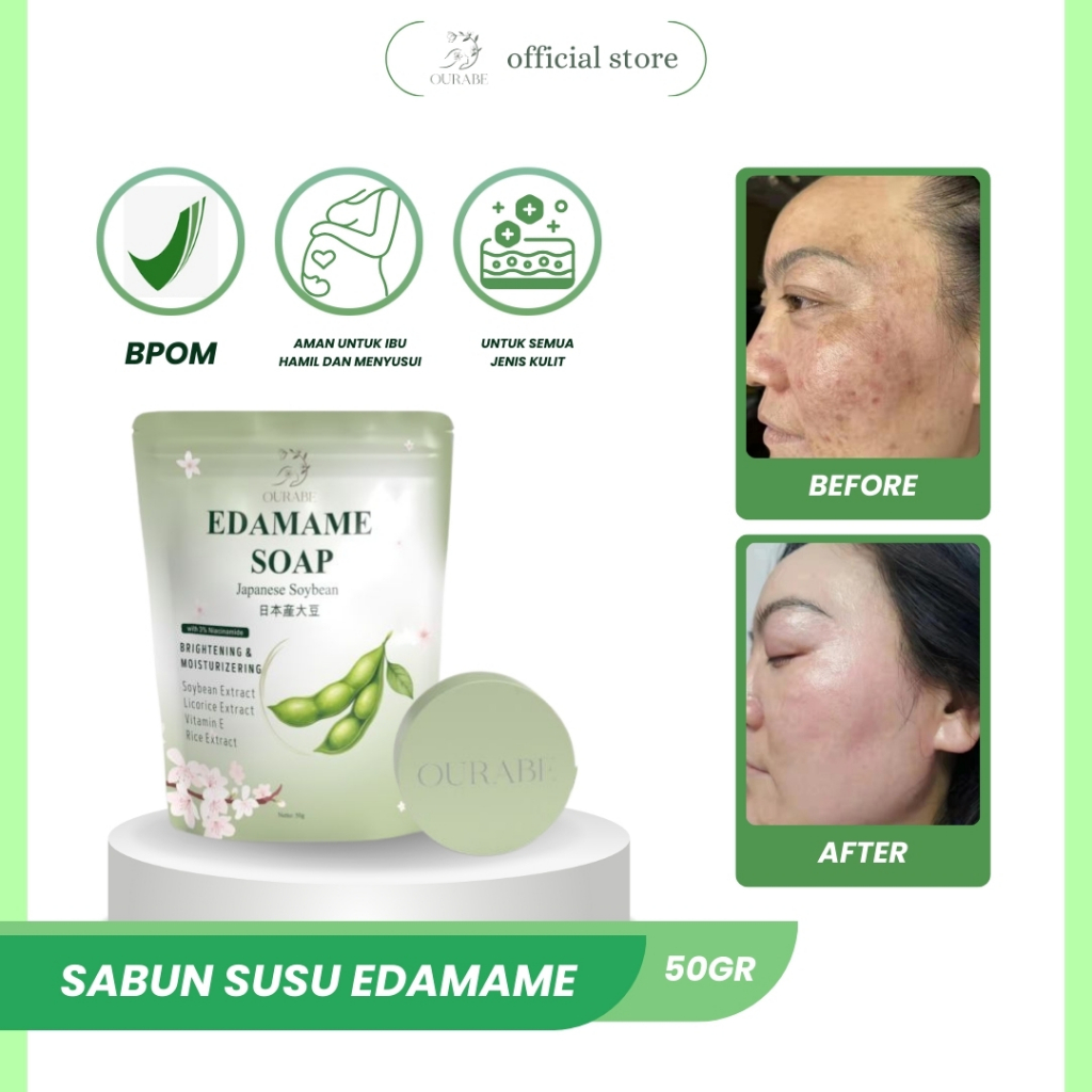 Ourabe Japanese Soybean Soap - Sabun Susu Edamame Jepang Pertama Dengan Niacinamide,Vitamin E dan Ri