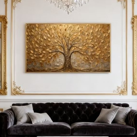 Lukisan dinding pohon gold estetik teksture 3 dimensi timbul hiasan dinding dekorasi rumah aesthetic