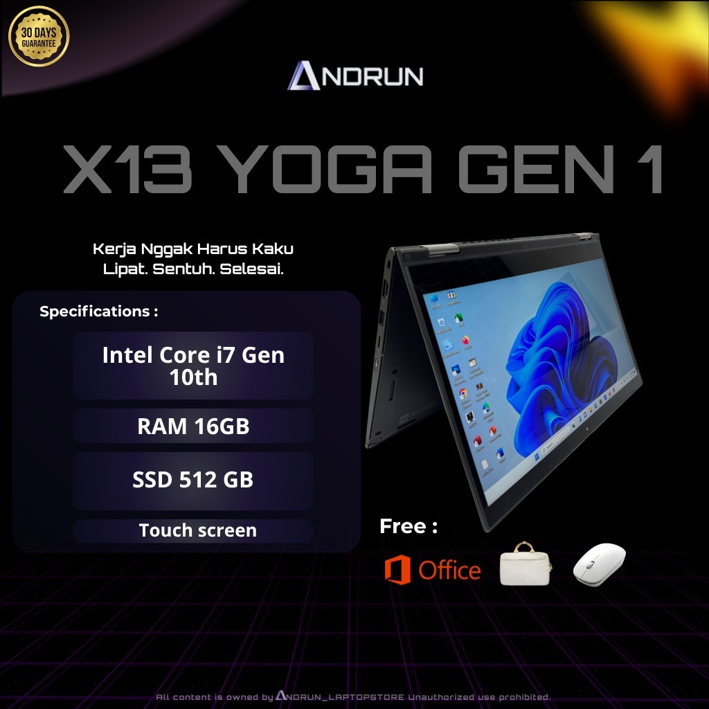 LAPTOP SEKEN LENOVO X13 YOGA G1  CORE i7 Gen 10th || RAM 16GB SSD 512GB Touchscreen