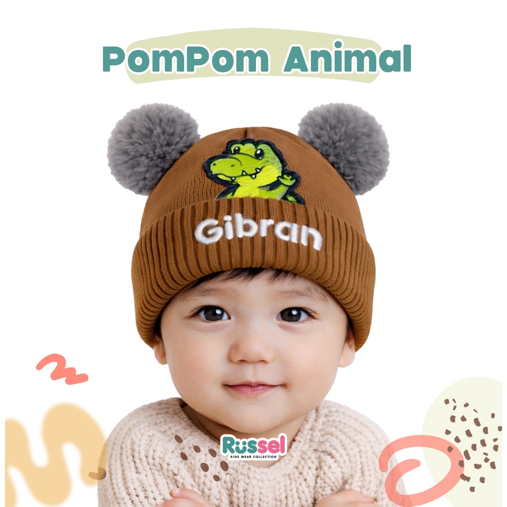 Topi Bayi Kupluk Pompom Animal Dengan Bordir Nama