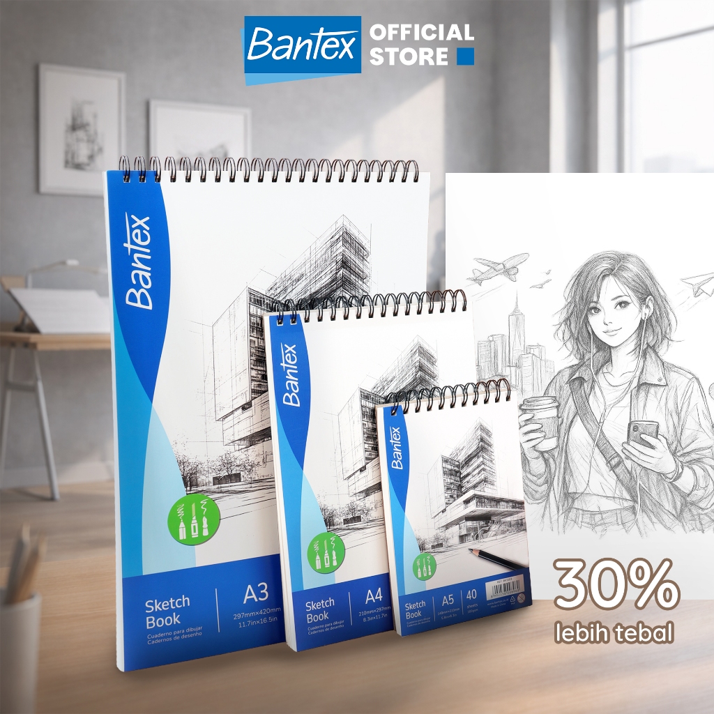 Bantex SketchBook A5 A4 A3 Buku Gambar Kertas Tebal 160gr Jilid Spiral 40 Lembar