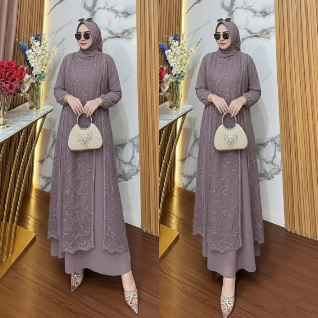Anisa Dress Baju Gamis wanita Ceruty Babydoll Kondangan Mewah Aksen Brukat Gamis Binor Warna Emerald