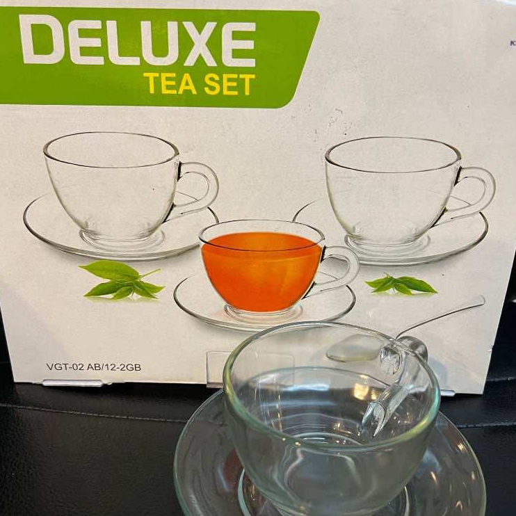 TEA SET CANGKIR & SAUCER (TATAKAN GELAS) DELUXE KACA BENING ISI 12 PC (6 CANGKIR & 6 SAUCER)