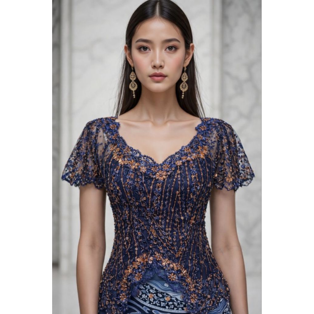 Kebaya Modern Wisuda Lengan Pendek Biru Navy Emas 155